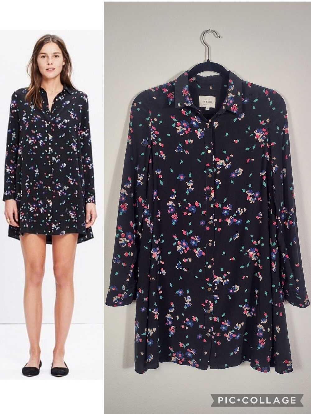 Sezane Silk Long Sleeve Button Shirt Dress Black Floral Print Size Small